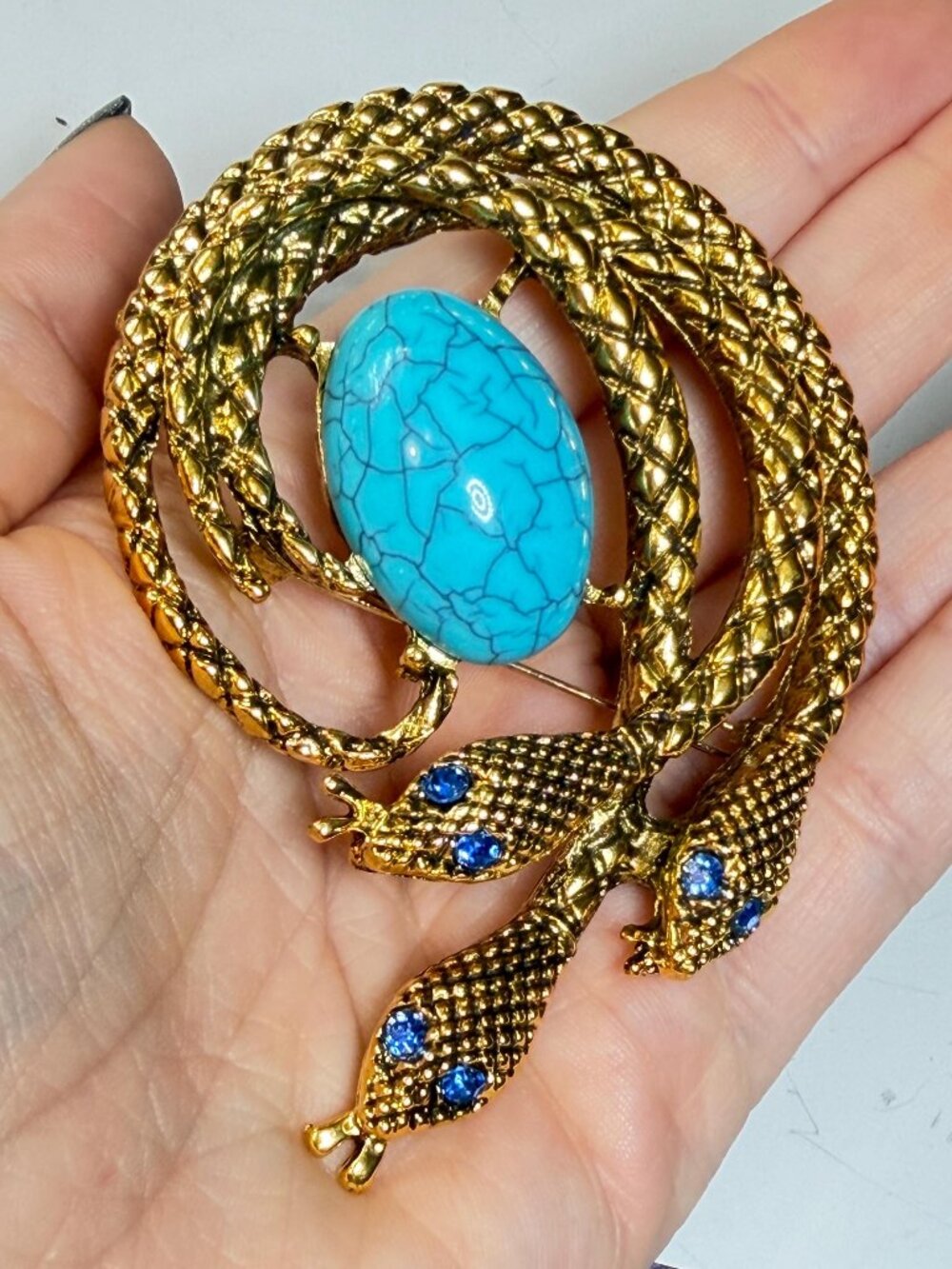 Three Cobra Brooch Turquoise Style Cabochon Vintage 3.5 inches